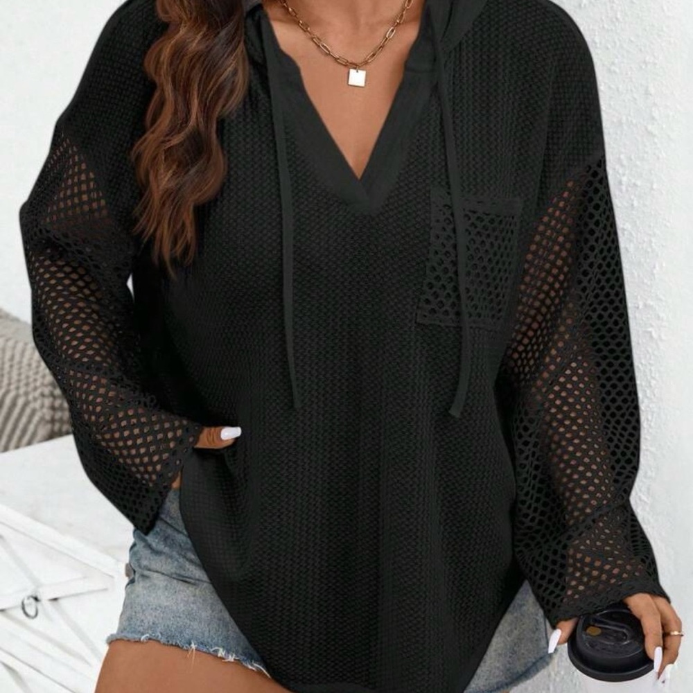 SHEIN Black Mesh Hoodie Sweatshirt